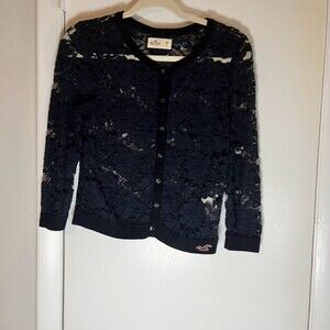 Hollister Women's Lace Buttoned Cardigan Navy Blue Size M